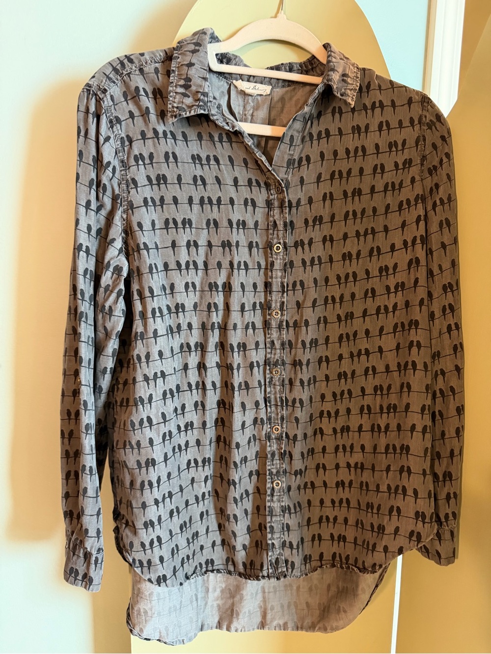 Jane and Delancey Gray Button-Up Shirt with Bird Silhouette Print